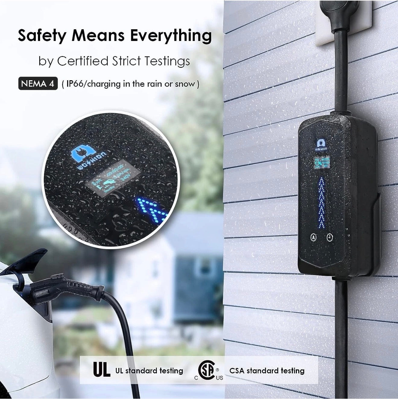 WOSHION Level 2 Portable EV Charger 40A, NEMA 14-50 Plug, 240V Fast Charging Station, Adjustable 16A-40A, 25FT Cable, IP66 Waterproof, Compatible with All J1772 EVs