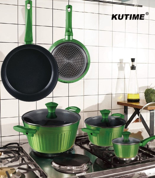5‑Piece Glossy Black‑Green Cookware Set