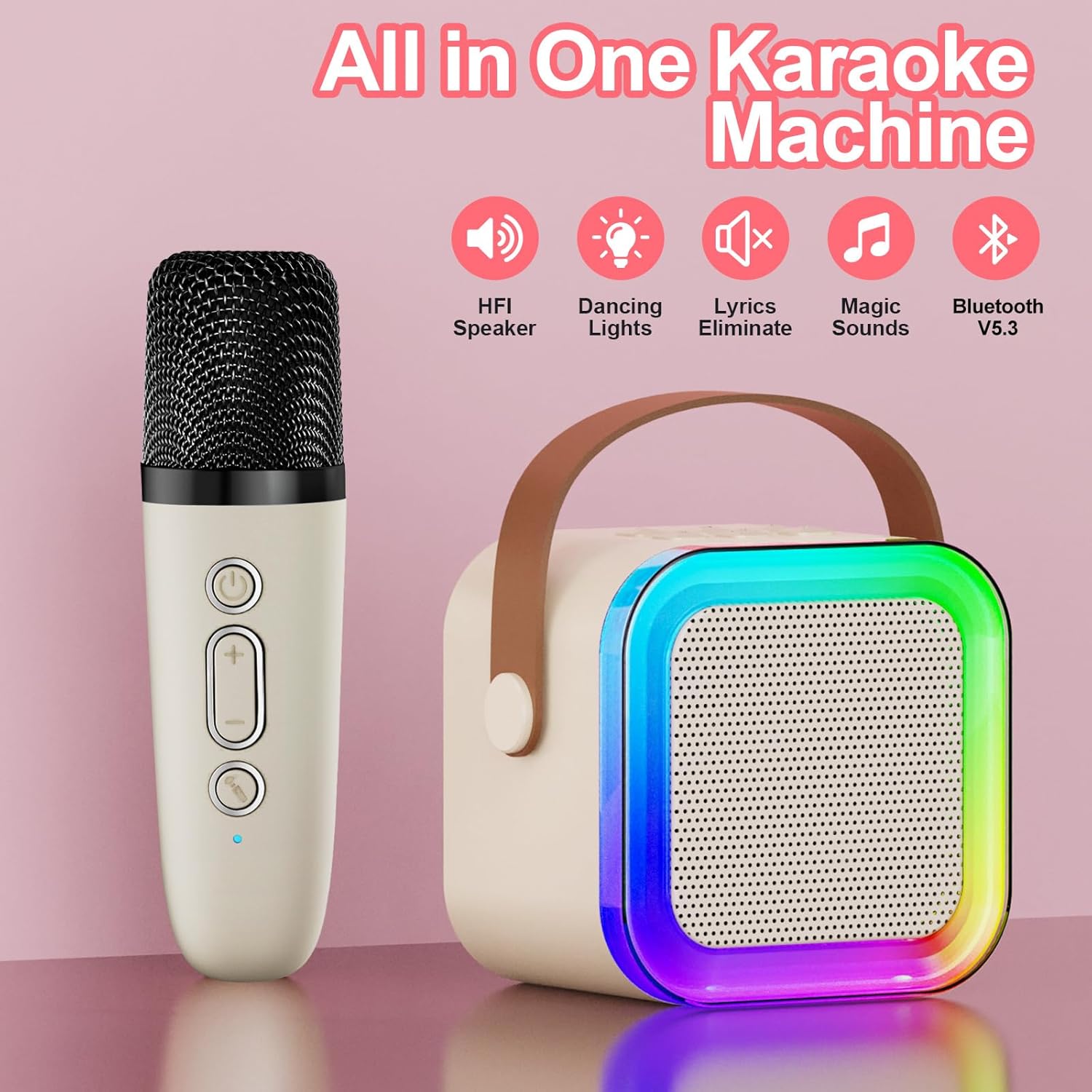 Kids Karaoke Machine  Bluetooth Speaker with 2 Wireless Mics, LED Lights Voice