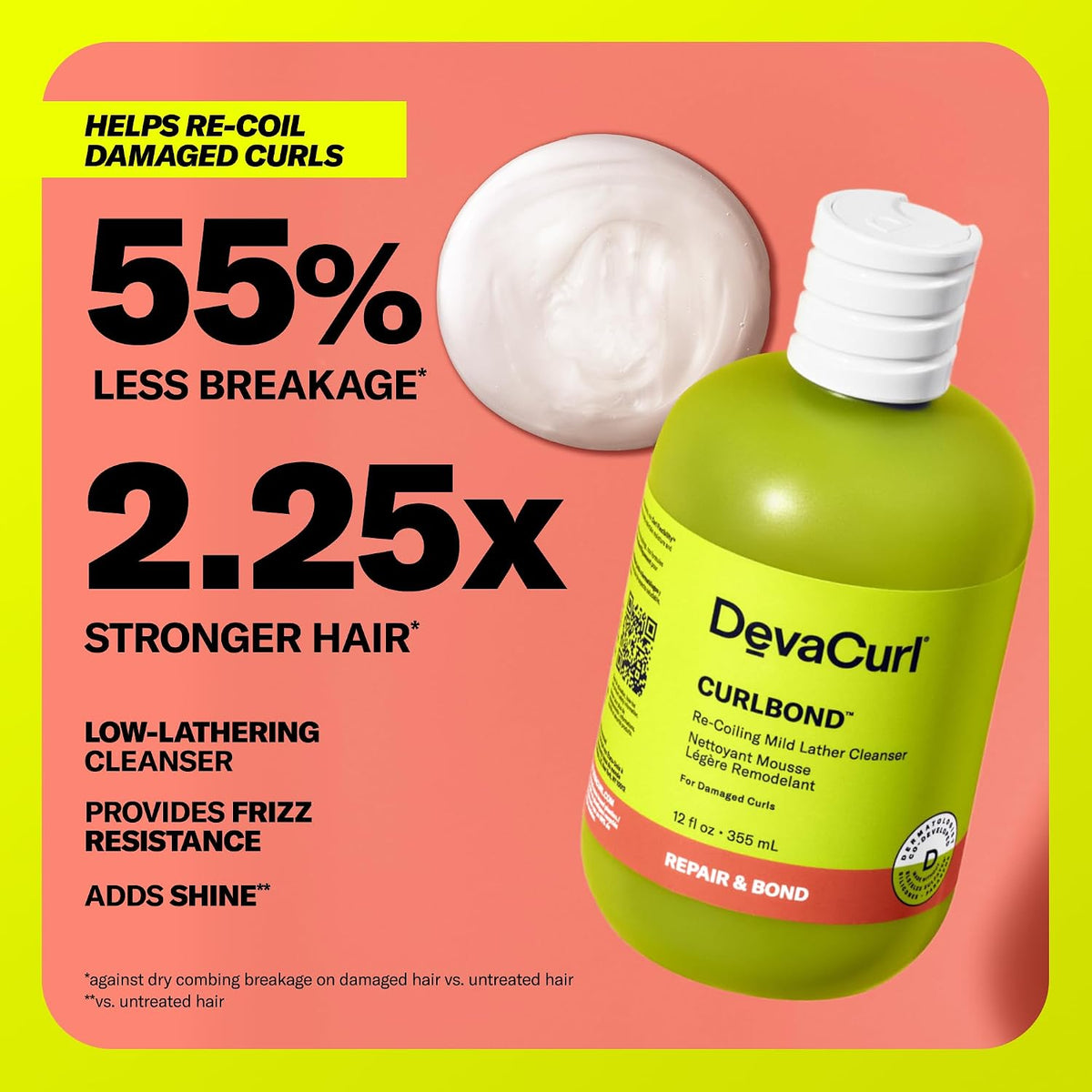DevaCurl CurlBond Re-Coiling Mild Lather Cleanser | Reduces Frizz For Up to 48 Hours | Preserves Color Up to 30 Washes | Seals Split Ends