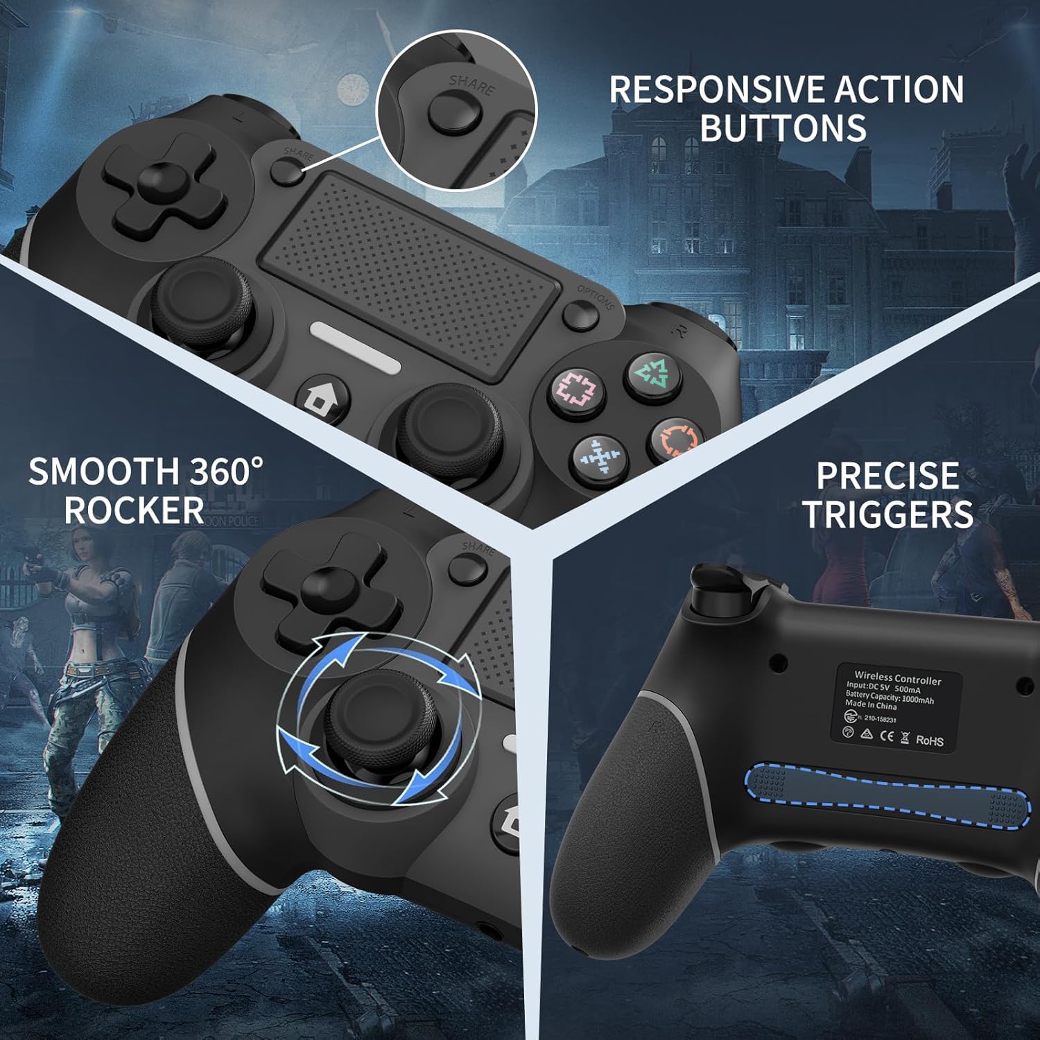 Wireless Controller Compatible with PS4/Pro/Slim, Black ps4 controller with Dual Vibration, 1000mAh Battery, 6-Axis Motion Sensor, Built-in Speaker & 3.5mm Headphone Jack, Charging Cable (black)