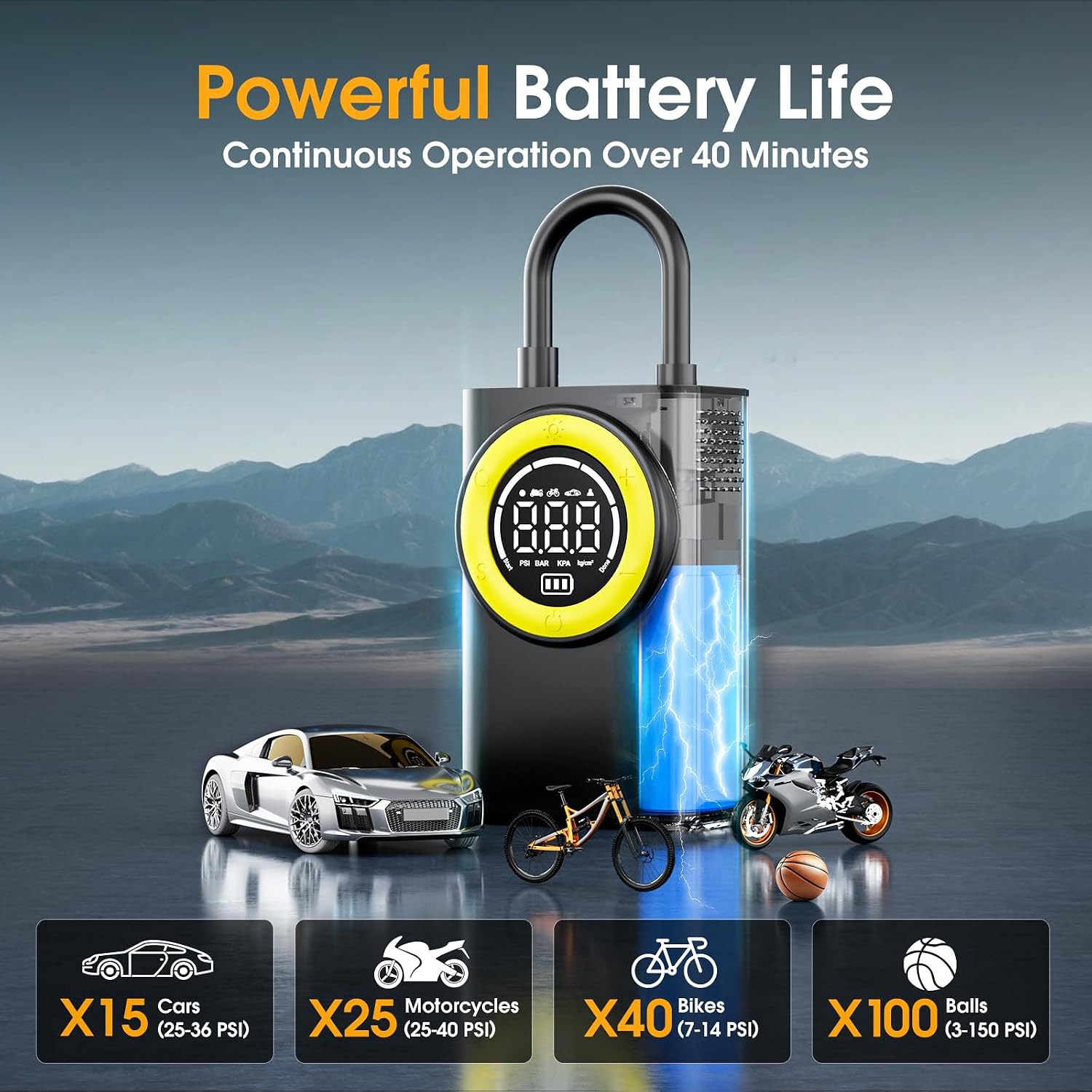 FlyKid Tire Inflator Portable Air Compressor,150 PSI Cordless Air Pump for Car Tires with Digital Pressure Gauge & LED Light,5X Faster Portable Tire Inflator for Car,Motorcycle,Bike,Ball