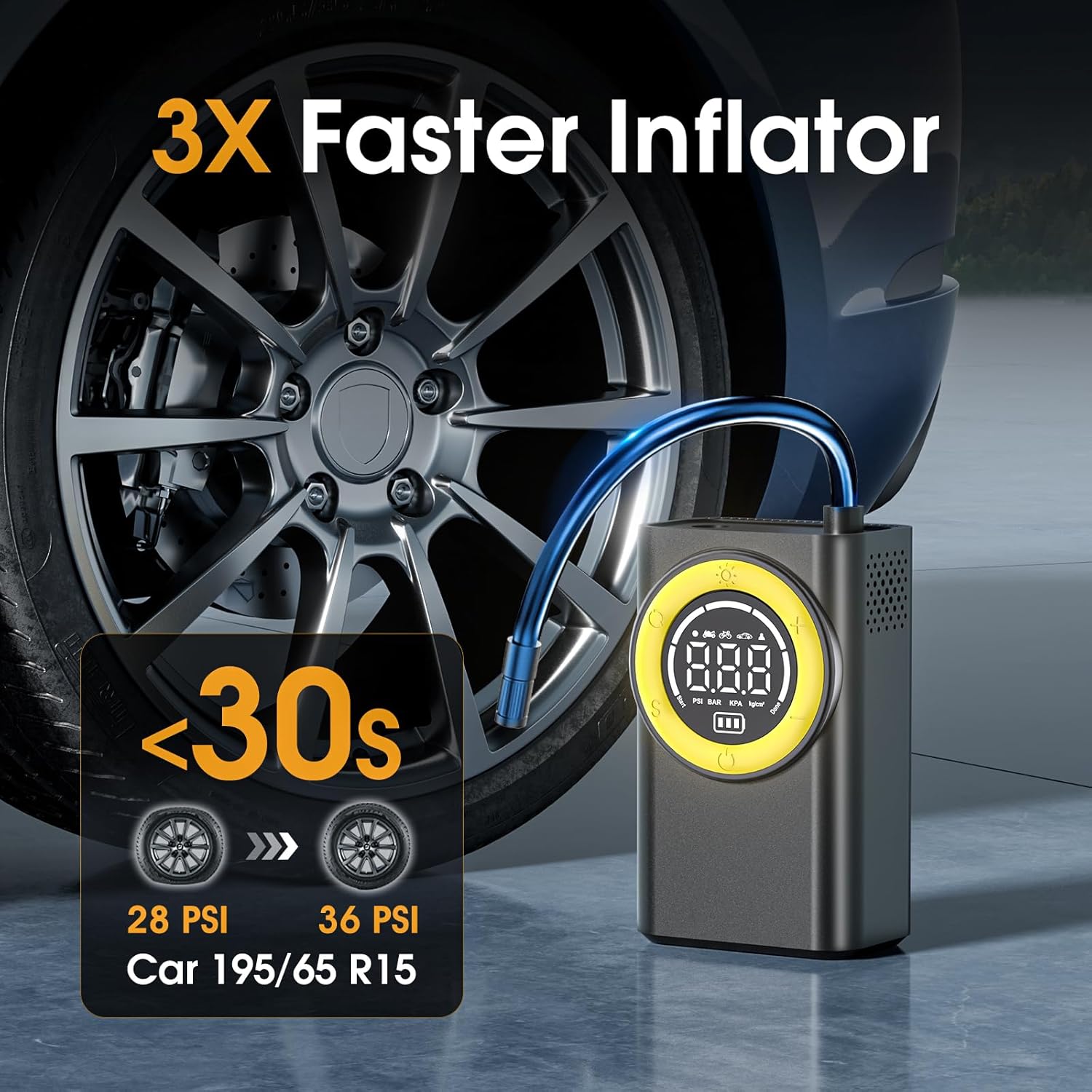 FlyKid Tire Inflator Portable Air Compressor,150 PSI Cordless Air Pump for Car Tires with Digital Pressure Gauge & LED Light,5X Faster Portable Tire Inflator for Car,Motorcycle,Bike,Ball