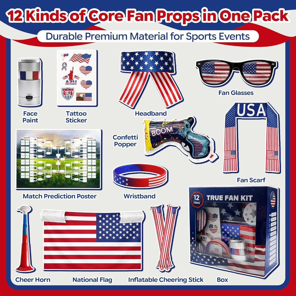USA Soccer Fan Kit for 2026 World Cup, 12-in-1 Complete Set with Flag Headband, Retractable Horn, Face Paint, Cheering Sticks, Scarf & Large American Flag – Patriotic Gear for Watch Parties