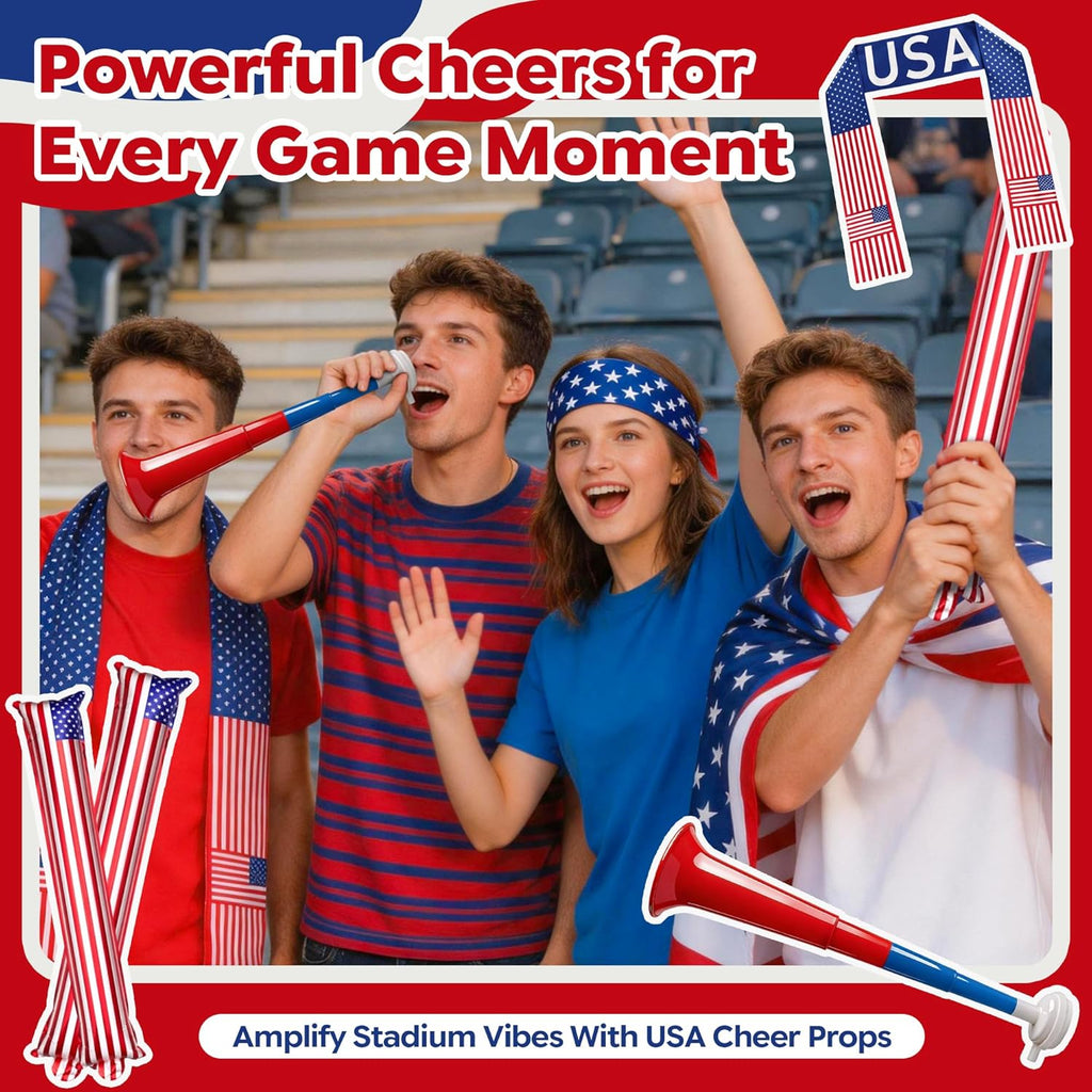 USA Soccer Fan Kit for 2026 World Cup, 12-in-1 Complete Set with Flag Headband, Retractable Horn, Face Paint, Cheering Sticks, Scarf & Large American Flag – Patriotic Gear for Watch Parties