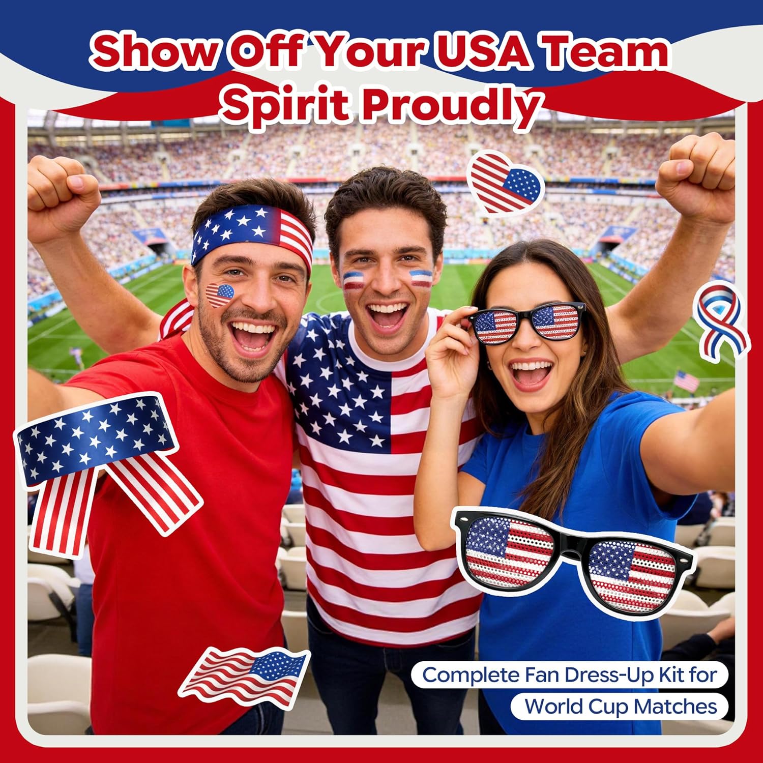 USA Soccer Fan Kit for 2026 World Cup, 12-in-1 Complete Set with Flag Headband, Retractable Horn, Face Paint, Cheering Sticks, Scarf & Large American Flag – Patriotic Gear for Watch Parties