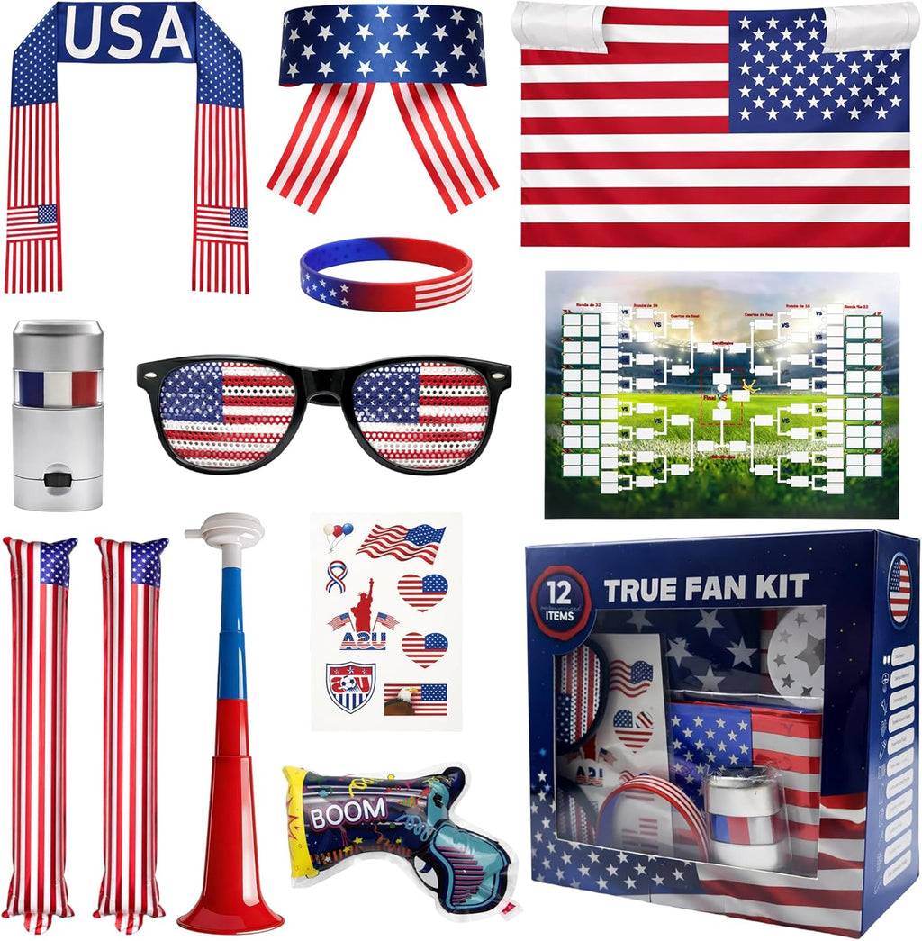 USA Soccer Fan Kit for 2026 World Cup, 12-in-1 Complete Set with Flag Headband, Retractable Horn, Face Paint, Cheering Sticks, Scarf & Large American Flag – Patriotic Gear for Watch Parties