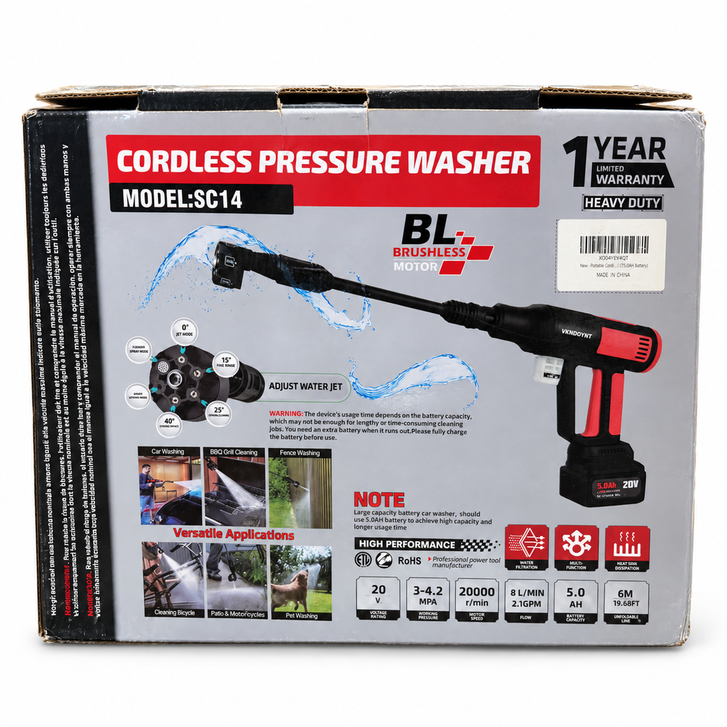 VKNDOYNT Cordless Pressure Washer – Model SC14, 20V 5.0Ah Single Battery