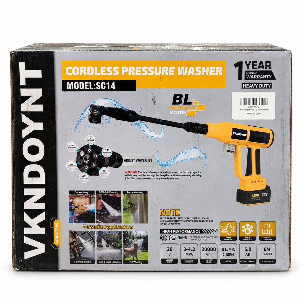 VKNDOYNT Cordless Pressure Washer – Model SC14, 20V 5.0Ah Single Battery