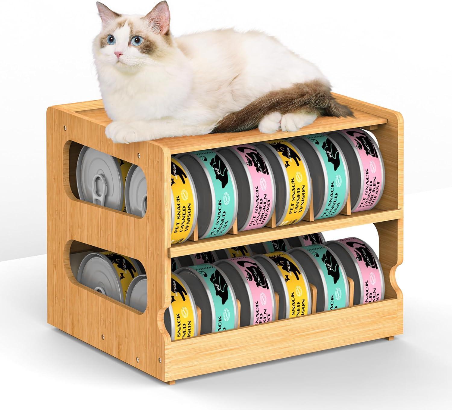 Stackable Bamboo Cat Food Can Organizer, Cat Canned Food Organizer Storage | 2-Tier Adjustable Stacking Can Dispensers, First-In & First-Out System, Holds Up to 36 Cans - for Pantry, Cabinet, Countertop