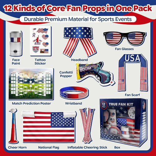 USA Soccer Fan Kit for 2026 World Cup, 12-in-1 Complete Set with Flag Headband, Retractable Horn, Face Paint, Cheering Sticks, Scarf & Large American Flag – Patriotic Gear for Watch Parties