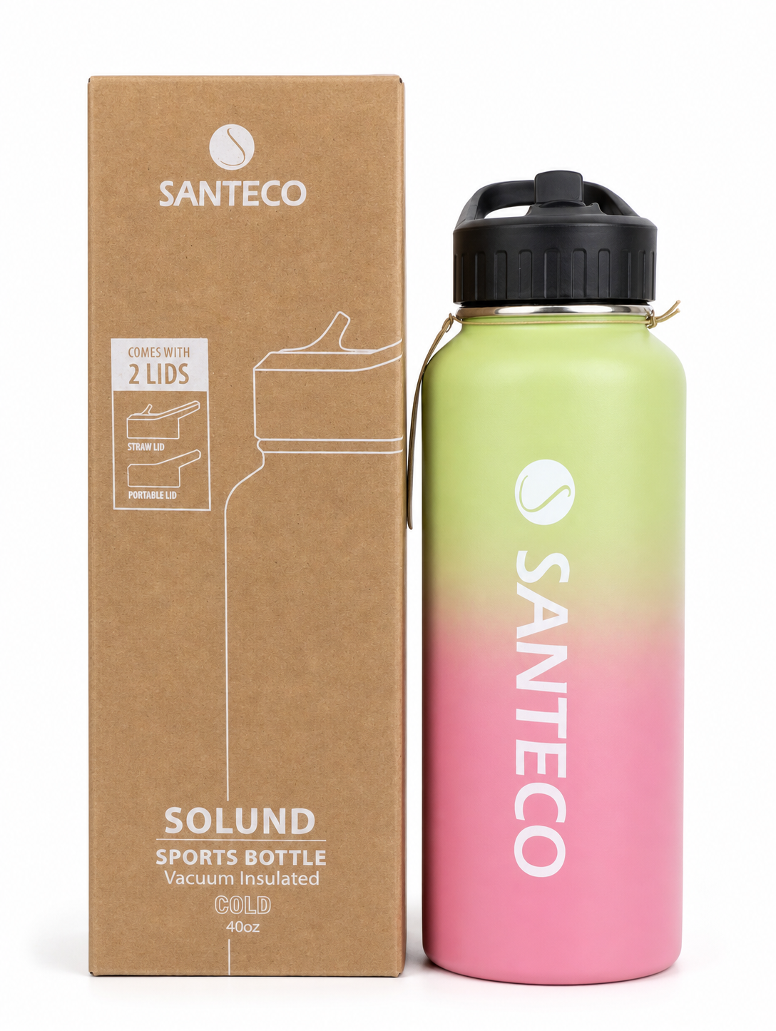 SANTECO Water Bottle 40 oz, Vacuum Insulated Stainless Steel Bottle with Straw Handle Lid, Leakproof Bottles, Wide Mouth Easy Clean, Keep Drinks Hot & Cold for Gym, Camping, Hiking, Yellow Pink