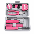 24-piece pink household tool set in gray storage case